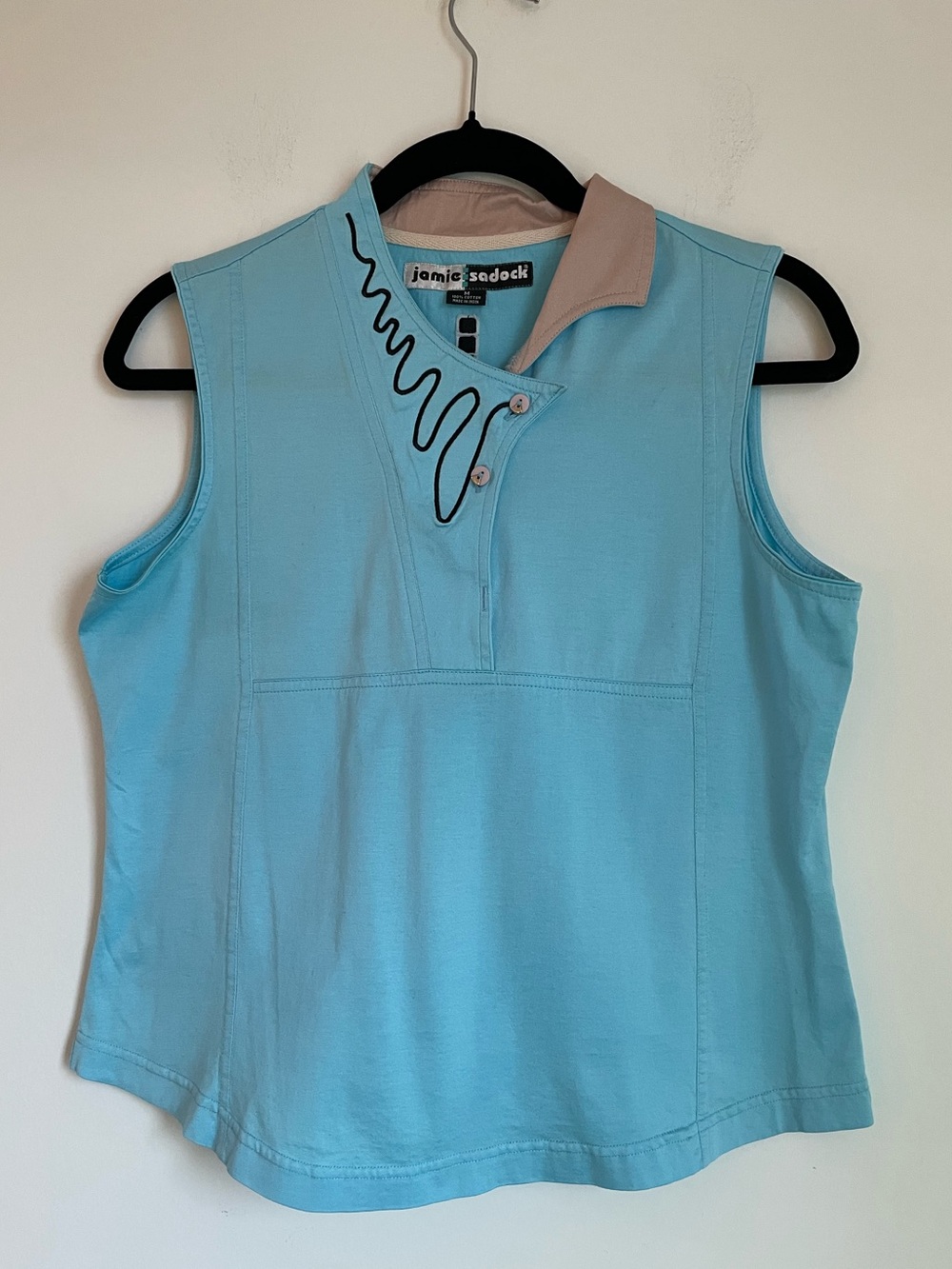 Vtg Jamie Sedock Blue Asymmetric Collar Tank Top 100% Cotton Size M Golf Resort